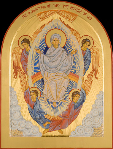 Assumption-of-Mary_Czarnecki 13by17inches based on a stained glass window by Cimabue and 16th cen Greek frescoes. courtesy of Marek Czarnecki and his Seraphic restoration Studios website